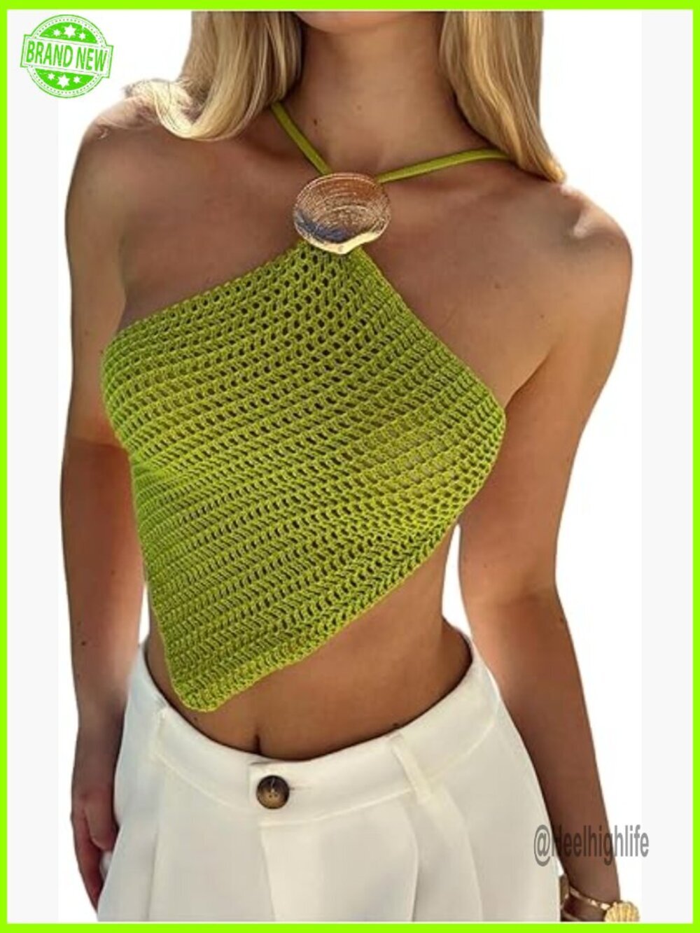 Crochet Boho Halter Crop Top Asymmetrical Backless Hollow Out Shell